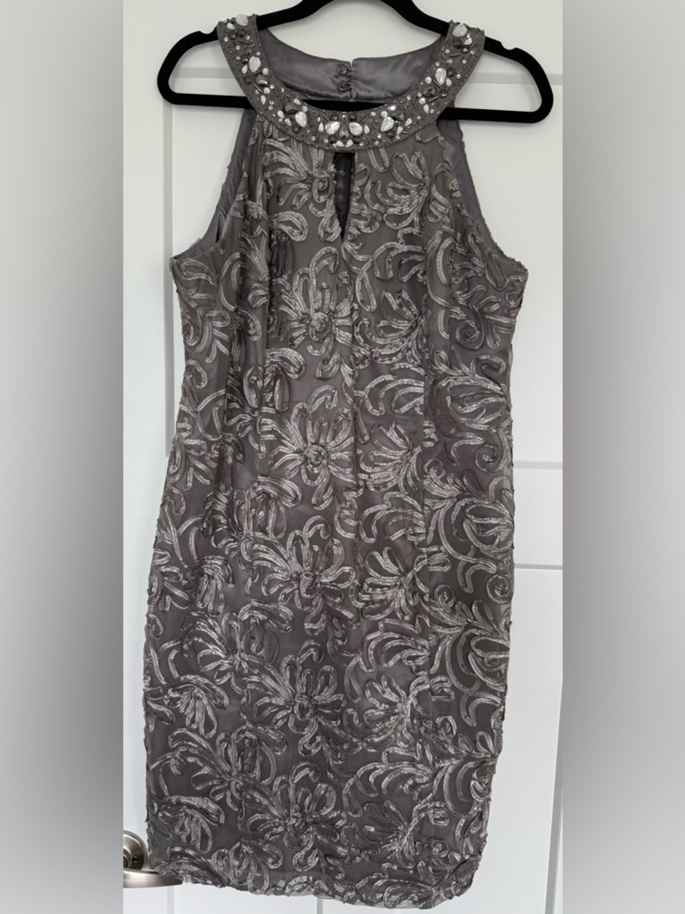 Embroidered Floral Sheath Dress in Charcoal Gray
